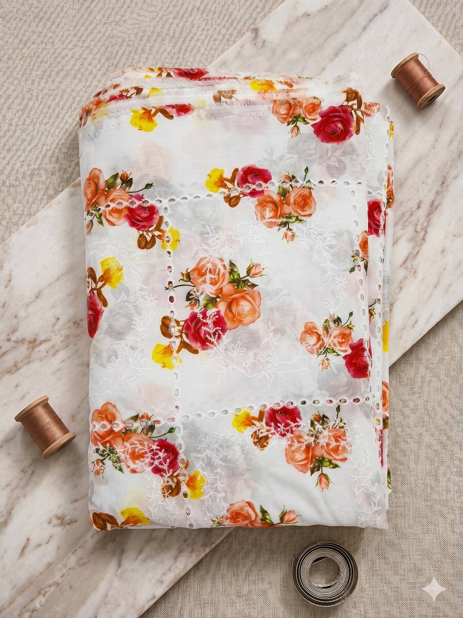 Printed Embroidered Lawn - White