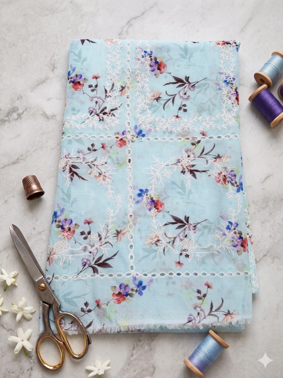 Printed Embroidered Lawn - Ice Blue
