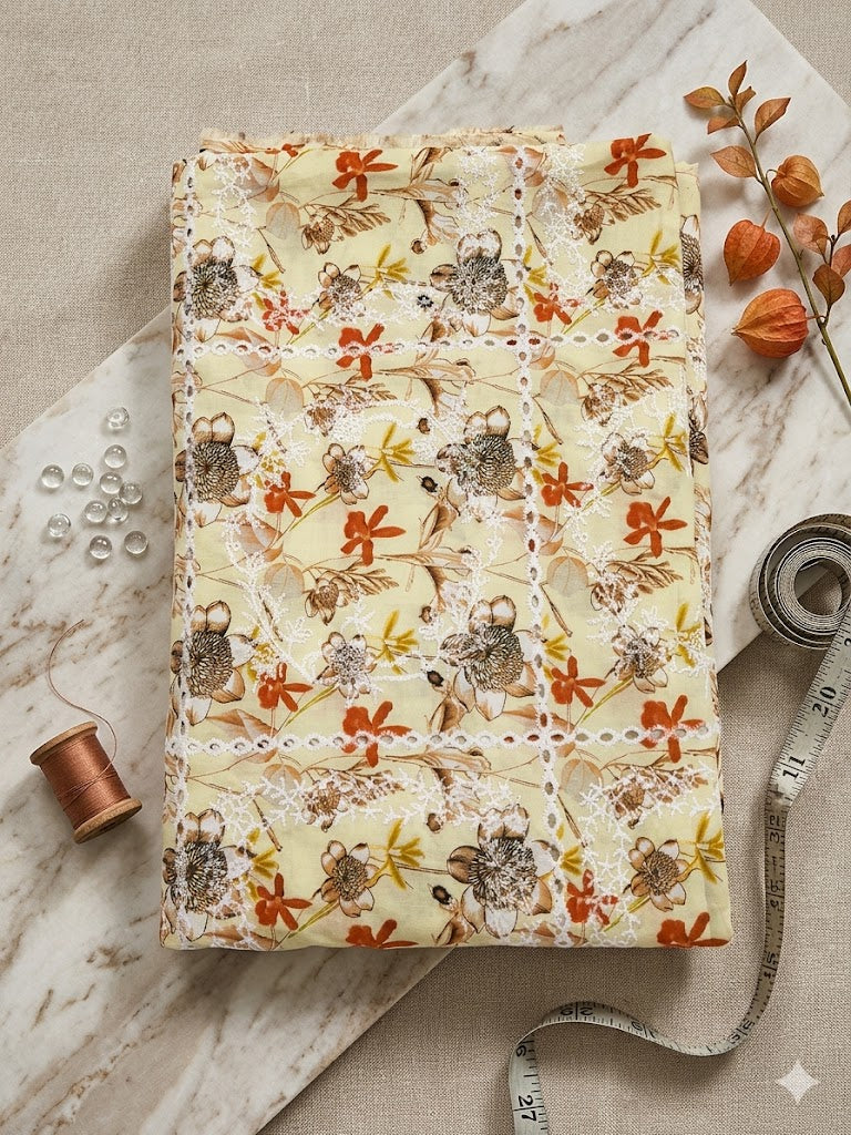 Printed Embroidered Lawn - Lemon Yellow